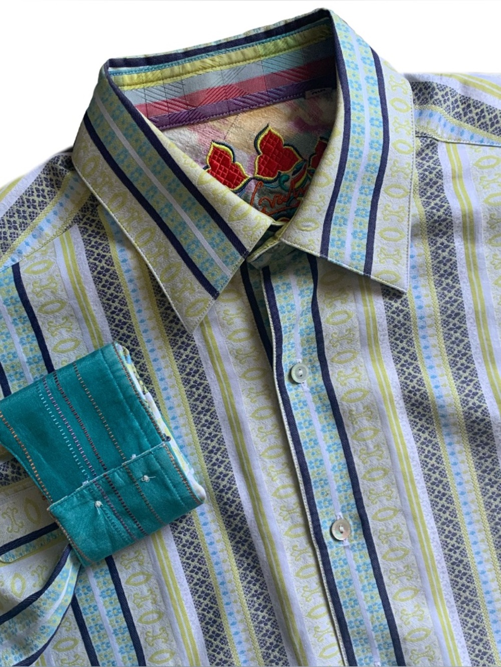 Robert Graham Multi Ornate Striped Flip Cuff Shirt Size Medium